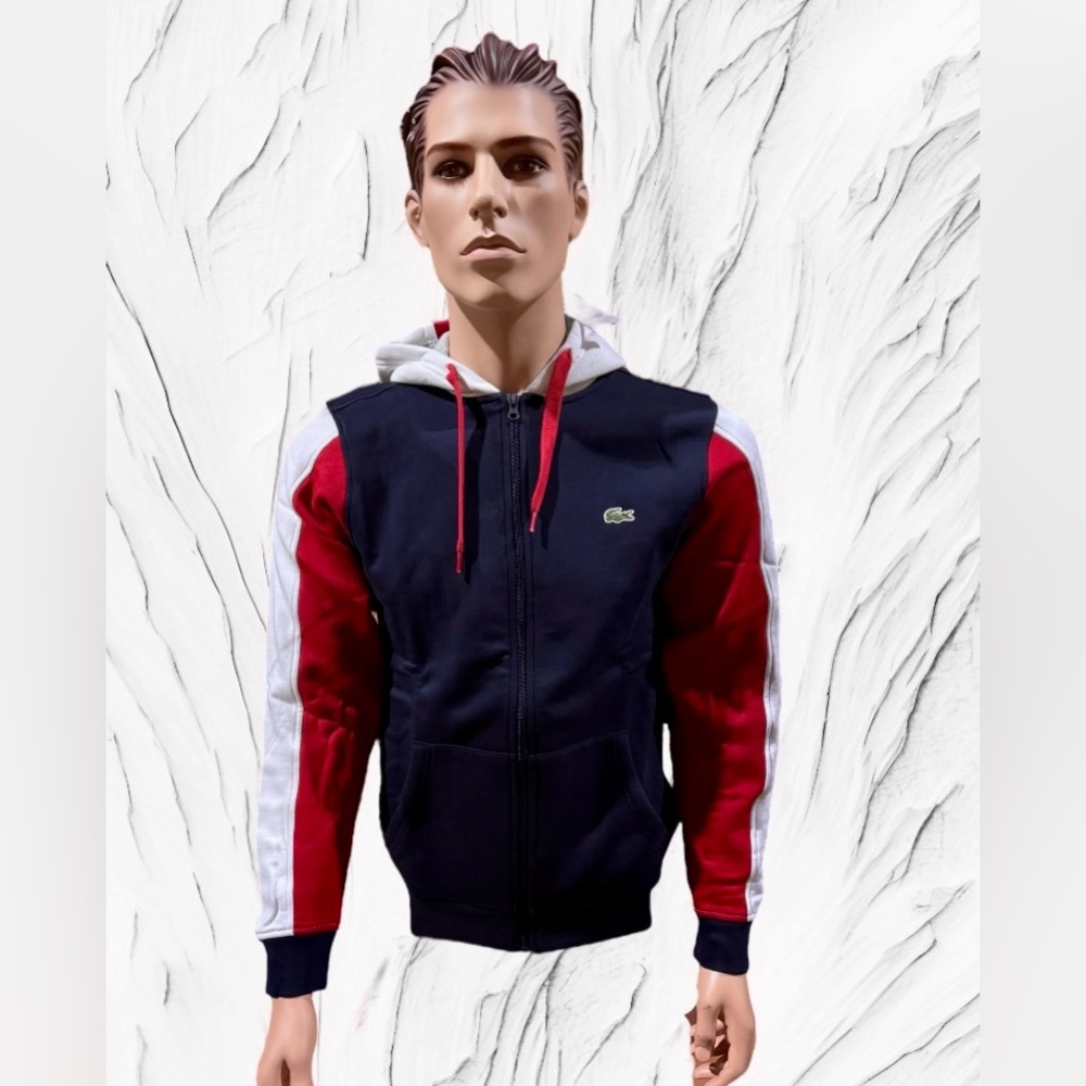 NWT,Lacoste Men’s full zip fleece hoodie. Color navy, red & white. Men’s size S.